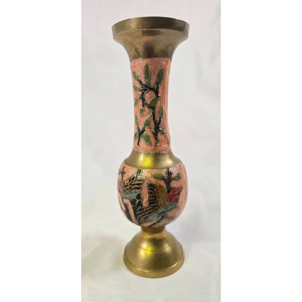 Hand-Painted Pink Floral Enamel Vintage Brass Bud Vase